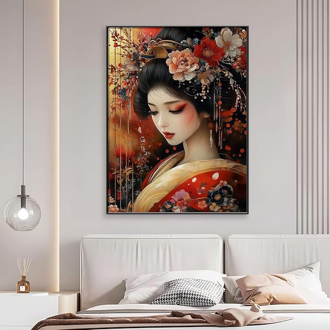 Japanese Geisha Canvas Wall Art, Geisha Girl Canvas Print, Gold Red Floral Kimono Canvas Art, Geisha Wall Art, Luxury Zen Wall Art, Asian Poster, Traditional Living Room Wall Art (Black Framed, 30"x40" | 76x102cm)