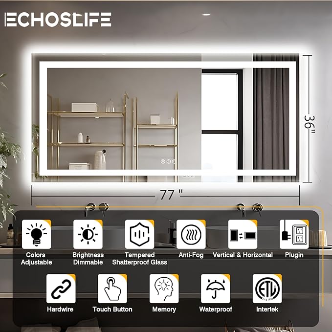 77"x36" Large LED Bathroom Mirror with Front & Backlit, Anti-Fog, Stepless Dimmable Vanity Mirror, 3 Colors Smart Mirror (Horizontal/Vertical)