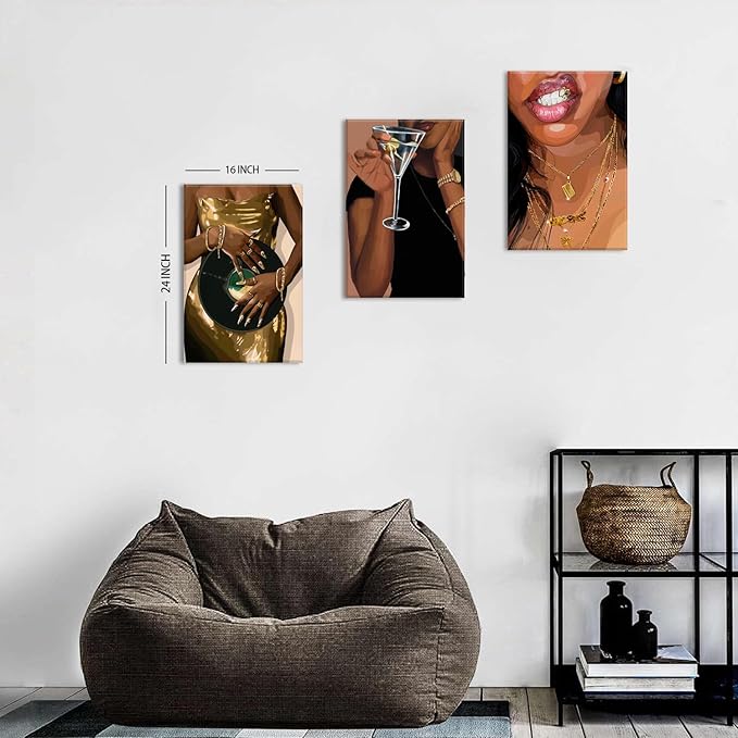 Black Woman Wall Art Set of 3, Trendy African American Women Painting Black Girl Song Lover Canvas Poster Prints Aesthetic Picture for Girls room Decor Female Bedroom Living Room Home Decoration 16x24