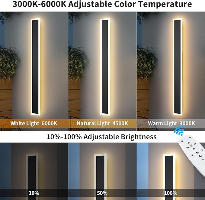 2 Pack 57.0 inch Modern Led Outdoor Wall Light, 3000K-6000K 10%-100% Dimmable Lights for Outside, IP65 Waterproof Wall Sconce Light with Remote Control for Porch,Hallway, Garage,Patio,Stairway,Yard