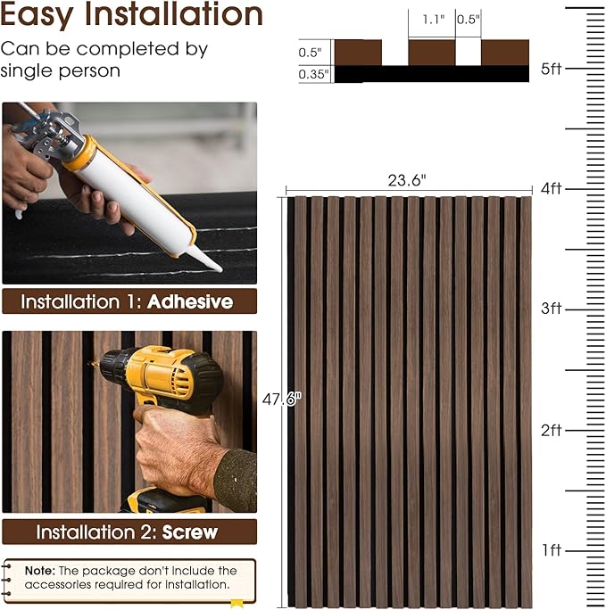 Acoustic Wood Slat Panels 2 Pack 47.6" x 23.6", Soundproof Wooden Wall Panels, 3D Fluted Panel for Interior Wall Decor, Living Room, Bedroom - Walnut (Cover Approx. 16 sq.ft)