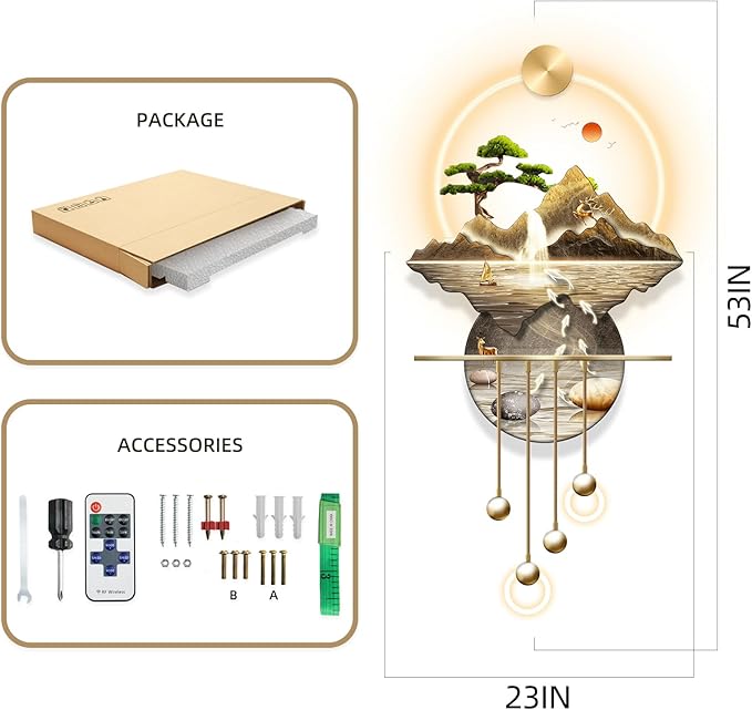 LED Light Decor Wall Art, 3D Art Wall Decor with Light, Decors Walls Sculptures Large 3D Art, Decors Walls Sculptures Lighting Modern, Plug-in Power Supply, Gold F, 23x53IN