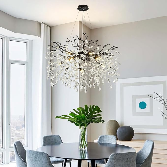 Modern Tree Branch Black Crystal Chandelier，Contemporary 10-Light Pendant Lighting with K9 Clear Crystal 31.5" Luxury Farmhouse Chandeliers for Church Living Room Kitchen Bedroom