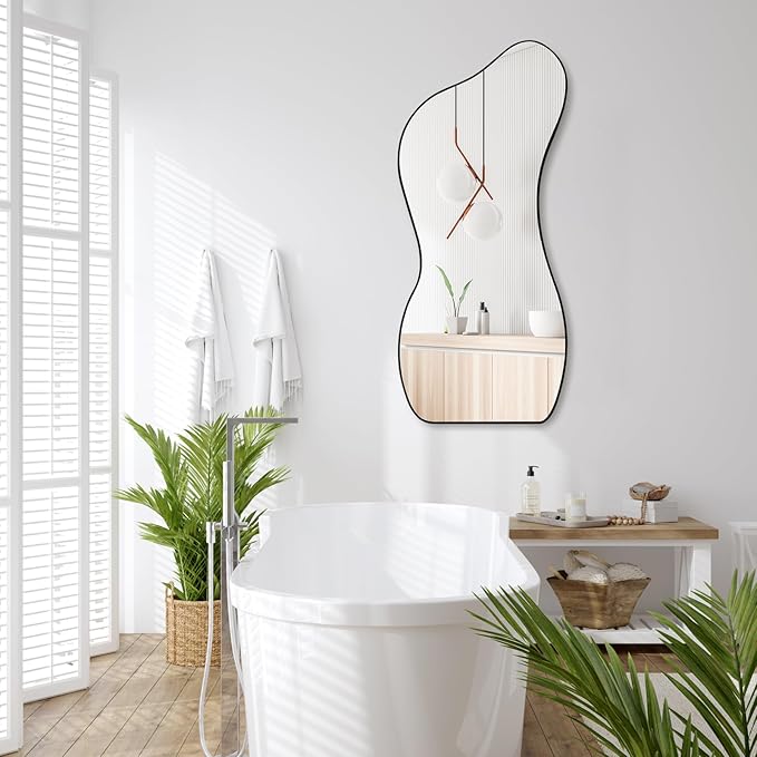 Large Irregular Wall Mirror 47.2"x22", Unique Shaped Black Asymmetrical Mirror, Modern Oblong Wavy Mirror, Cloud Mirror for Living Room,Bathroom,Entryway,Dining Room