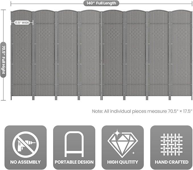 8 Panel Room Divider,6Ft Folding Privacy Screen,Tall - Extra Wide Foldable Panel Partition Wall Divider with Diamond Double-Weaved Hand-Woven Design Room Screen Divider