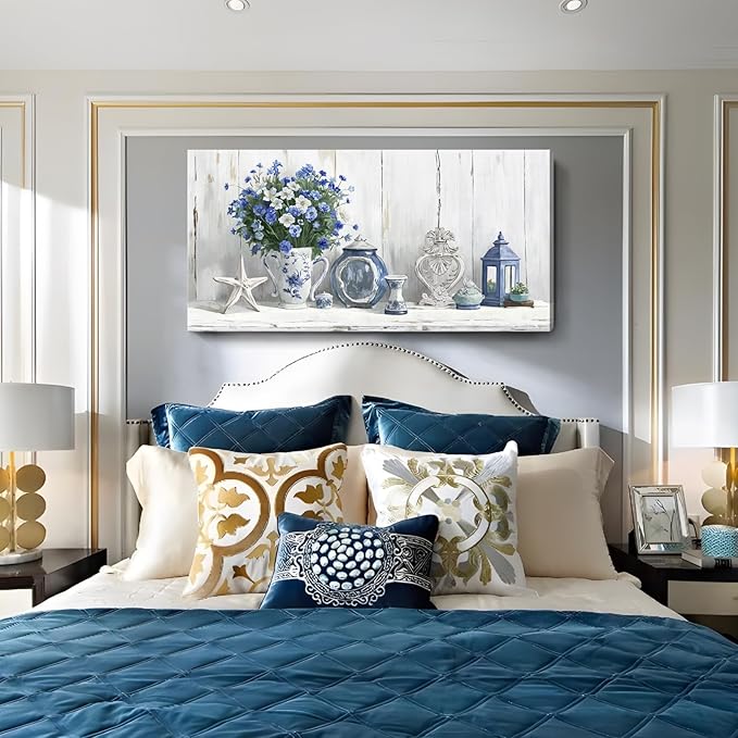 Nicetop Large Coastal Wall Art – Blue and White Floral Artwork, Rustic Farmhouse Canvas Prints with Flowers, Lantern and Ceramics Vintage Country Cottage Picture for Living Room Bedroom Kitchen 48x24 Inch