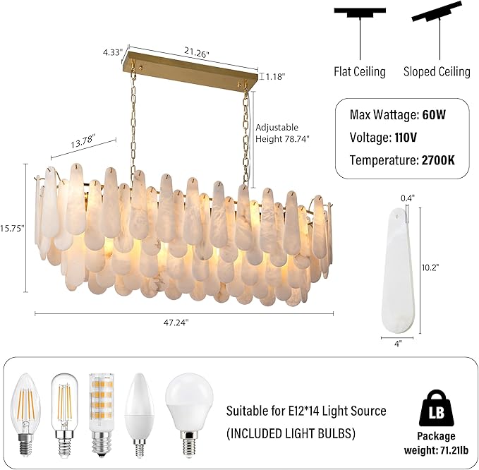 Chandeliers for Dining Room, L47.2 in Modern Alabaster Rectangle Brass Chandelier, 4-Tiers Luxury Natural Stone Ceiling Light Fixture, White Marble Chandeliers for Kitchen Island Living Room Bedroom