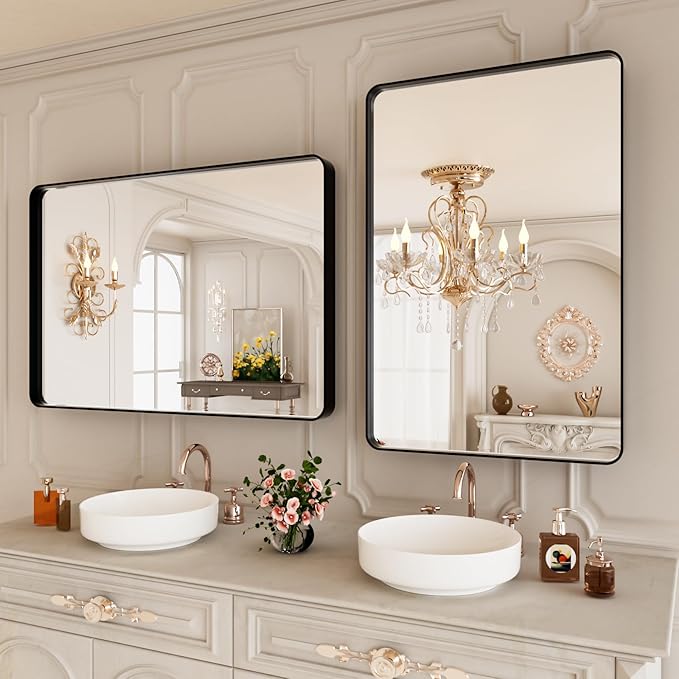 24X36 Inch Matte Black Bathroom Mirror,Bathroom Vanity Mirror for Wall,Rectangular Round Corner Black Metal Framed Mirror(Horizontal/Vertical)