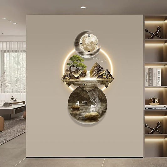 LED Light Art Wall Decor, 3D Art Wall Decor Clock, Decor Wall Sculptures with Lights, Modern Home Decor Landscape Wall Sculpture, Plug-in Power Supply, Gold A, 23x47IN