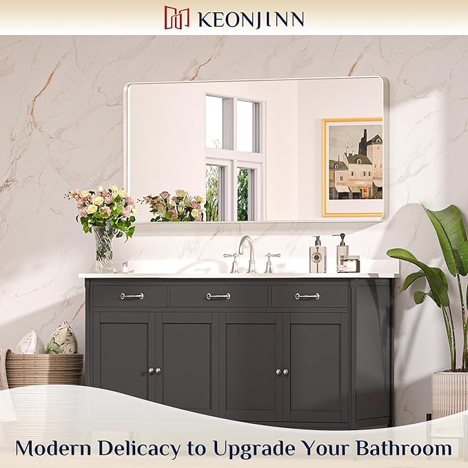 Keonjinn Brushed Nickel Mirror 48” x 24” Silver Bathroom Mirror for Over Sink, Rounded Rectangle Farmhouse Vanity Mirror, HD Tempered Glass, Metal Framed Full Length Wall Mirror(Horizontal/Vertical)