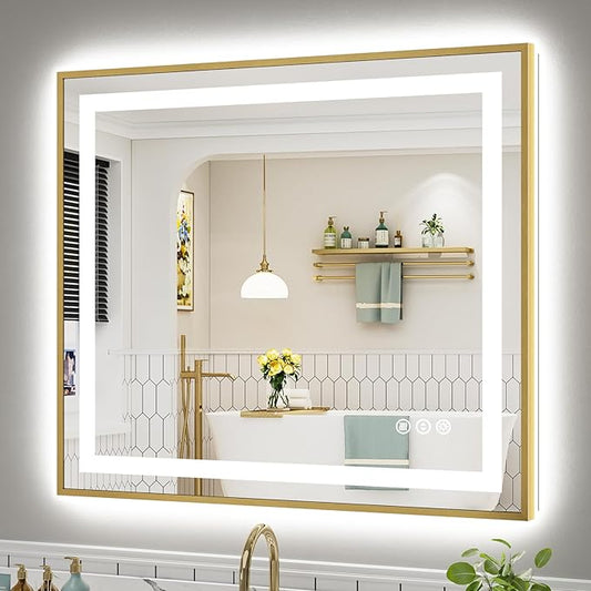40x36 Inch LED Bathroom Mirror with Gold Frame, Backlit & Front Lit, Anti-Fog Lighted Bathroom Vanity Mirror for Wall, Memory Function, Dimmable, HD Tempered Glass, Shatter-Proof