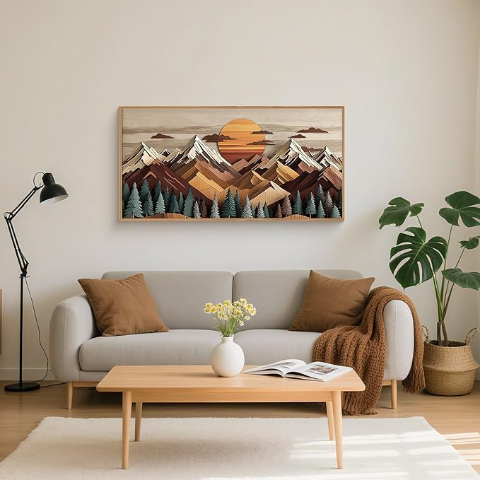 KAIRNE Mountain Framed Canvas Wall Art Set, Mountain Themed Wall Decor, Wooden Pine Tree Scene Wall Painting, Vintage Forest Landscape Art Prints for Living Room, Bedroom, Office 20"x40"