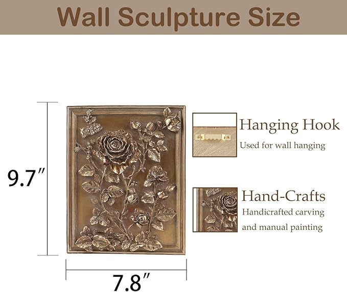 Kangce Vintage Wall Sculpture Home Decor Living Room Antique Hallway Galery Wall Art with Embossed Rose Design Aesthetic Home Decor,Rectangular,Bronze