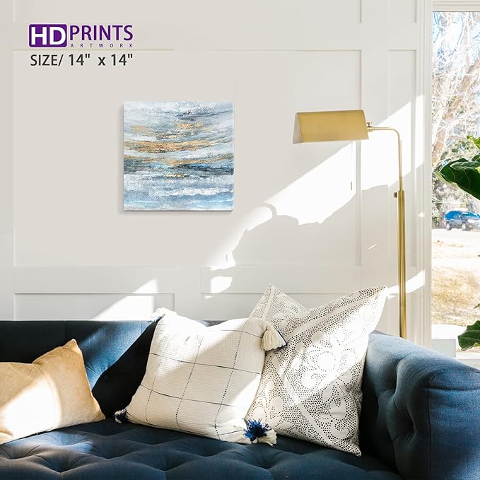 Nicetop Bathroom Wall Art Abstract Canvas Art Print Modern Blue Ocean Picture Small Coastal Sunset & Sunrise Artwork for Sea Lake Themed Home Bedroom Décor 13.3x13.3inch