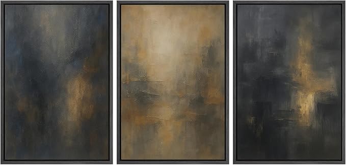 MUDECOR Framed Wall Art Print Set Dark Abstract Modern Contemporary in Navy Blue and Gold Brushstrokes Illustrations Modern Art Decorative Colorful for Living Room, Bedroom, Office - 16"x24"x3 Black