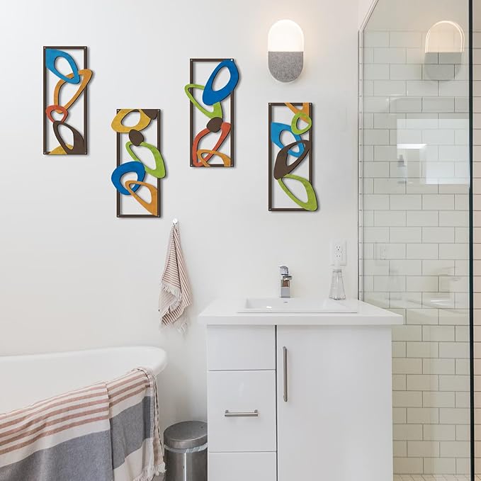 4 Pcs Mid Century Modern Decor Midcentury Retro Wall Art Elegance Wall Accents Metal Abstract Geometric Panels for Interior Wall Decor Panel Wall Art for Home Living Room