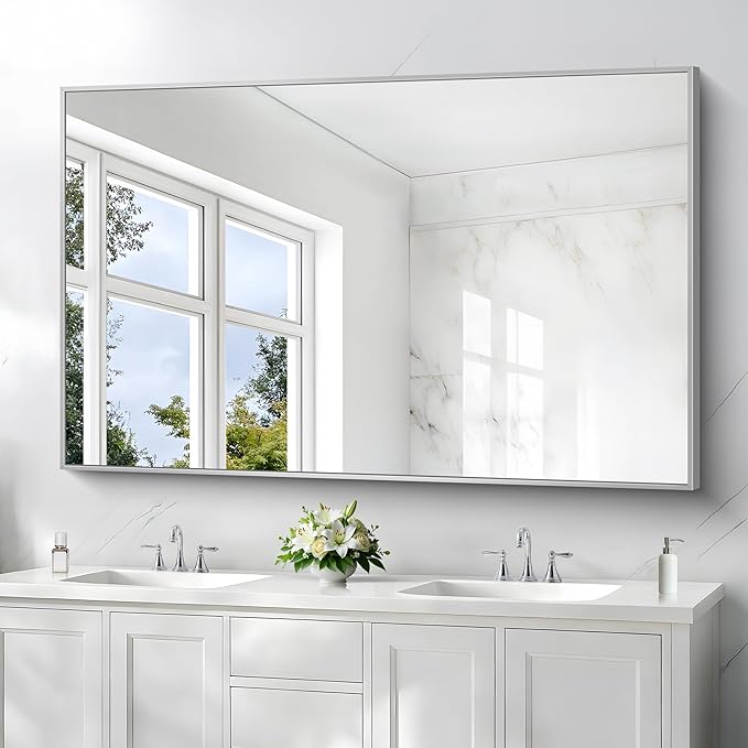 36x55inch Bathroom Mirror, Silver Rectangle Mirror with Thin Metal Frame, Large Rectangular Wall Mirrors for Bathroom, Living Room, Hair Salon, Big Mirror Hang Horizontal/Vertical