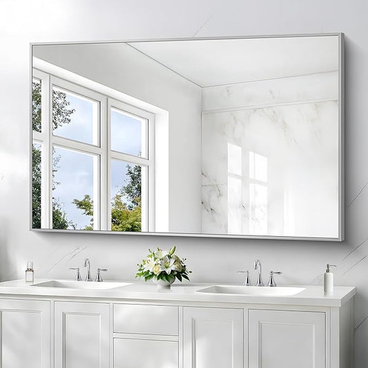 36x55inch Bathroom Mirror, Silver Rectangle Mirror with Thin Metal Frame, Large Rectangular Wall Mirrors for Bathroom, Living Room, Hair Salon, Big Mirror Hang Horizontal/Vertical
