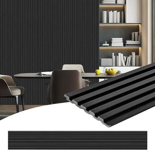8-Pack 3D Slat Wall Panels — Soundproof Faux Wood Wall Panels for Interior Décor, 48.2" x 6.3", Modern Wall Cladding for Living Room, Bedroom, Office — Black Finish