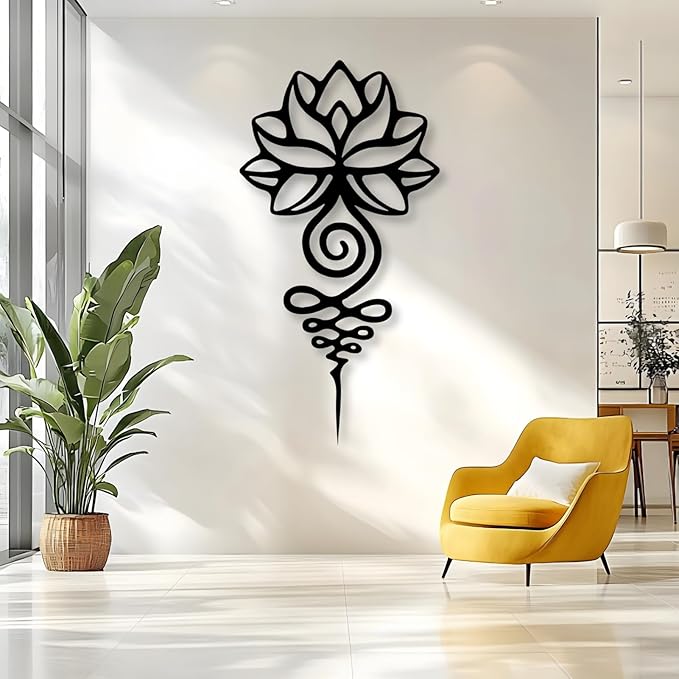 kuestboy Lotus Metal Wall Art,Minimalist Black Line Art Mandala,Spiritual Zen Flower Decor Hanging Sign for Home Room Decor (28" x 14" / 70 x 37cm)