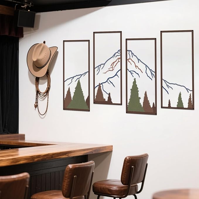 4 Pcs Metal Mountain and Forest Wall Decor Colorful Landscape Mountain Wall Art Pine Tree Forest Wall Decoration Rustic Nature Wall Decor for Living Room Home Office Bathroom Indoor (Middle)