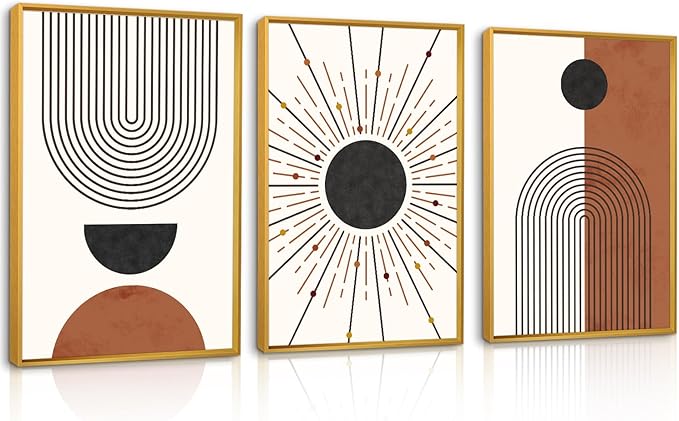 Minimalist Boho Framed Canvas Wall Art Set, Neutral Geometric Line Sun Wall Decor, Mid Century Wall Painting, Abstract Modern Bohemian Art Print for Living Room, Bedroom, Office -16"x24"x3
