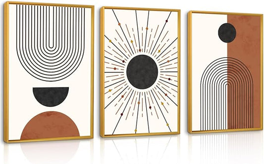 Minimalist Boho Framed Canvas Wall Art Set, Neutral Geometric Line Sun Wall Decor, Mid Century Wall Painting, Abstract Modern Bohemian Art Print for Living Room, Bedroom, Office -16"x24"x3
