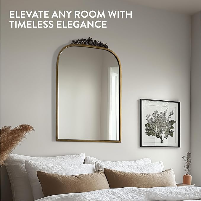 Navaris Vintage Mirror - Decorative Gold Antique Mirror - Large Brass Arched Mirrors - French Mirrors for Bathroom Wall Above Mantel or Fireplace - Ornate Baroque Victorian Style