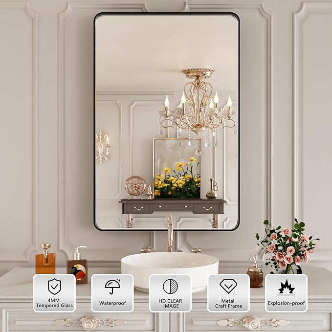 24X36 Inch Matte Black Bathroom Mirror,Bathroom Vanity Mirror for Wall,Rectangular Round Corner Black Metal Framed Mirror(Horizontal/Vertical)