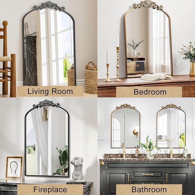 Antique Arched Wall Mirror, 22"x30" Vintage Gold Bathroom Mirror - Baroque Metal Frame Brass Mirror for Living Room, Bathroom, Fireplace, Entryway, Bronze