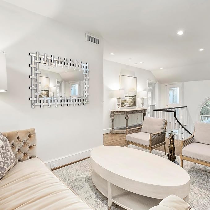 Large Living Room Mirror for Wall, 36'' X 24'' Modern Wall Mirrors Decorative with Beveled Edge, Rectangle Frameless Mirror for Bathroom, Dining Room, Entryway, Mantel