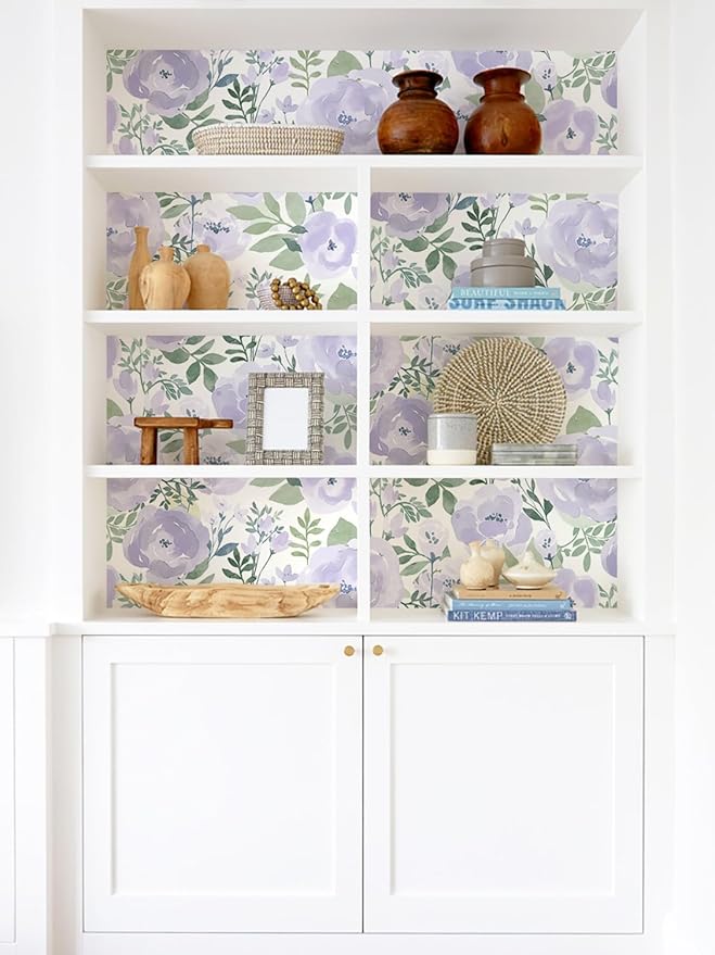 Orainege Floral Wallpaper Peel and Stick Wallpaper Floral Contact Paper 16.9in x196.8in Boho Peony Self Adhesive Removable Wall Paper for Bedroom Decor Vinyl, Purple