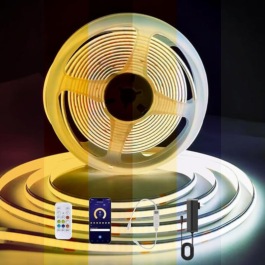CCT COB LED Strip Light 16.4ft, Tunable White Warm White to Cool White LED Strip, 608LEDs/M DC24V Tape Light, CRI90+, Bluetooth App Control, Dimmable Strips for Bedroom, Office, DIY Lighting.