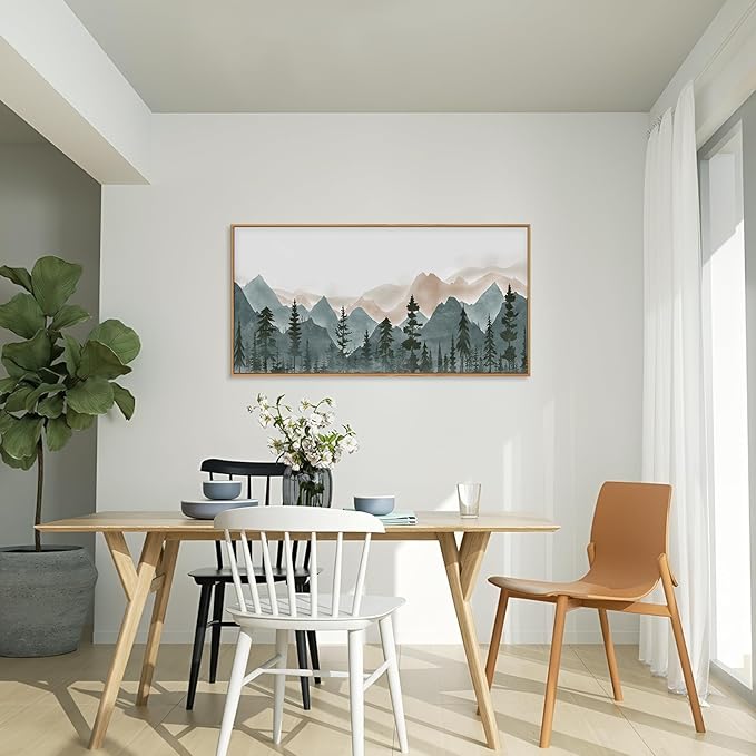 CHDITB Large Mountain Wall Art, 20"x40" Framed Forest Woodland Wall Decor, Pine Tree Landscape Wall Painting, Nature Scenery Canvas Art Prints for Living Room, Bedroom, Office, Dining Room