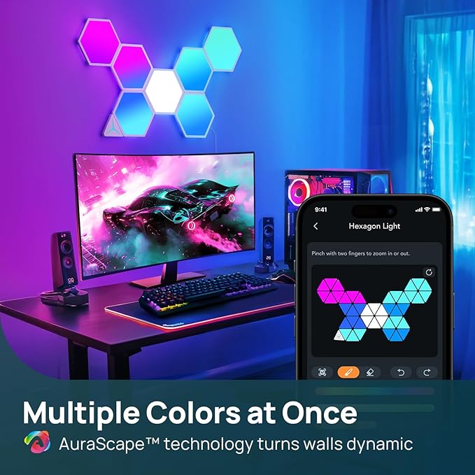Linkind Smart Hexagon Lights, RGB LED Wall Light Panels with Music Sync, Gaming Light Compatible with Alexa and Google Home, DIY Wall Decor for Gaming Room, Home Theater, Bedroom, 7 Pack