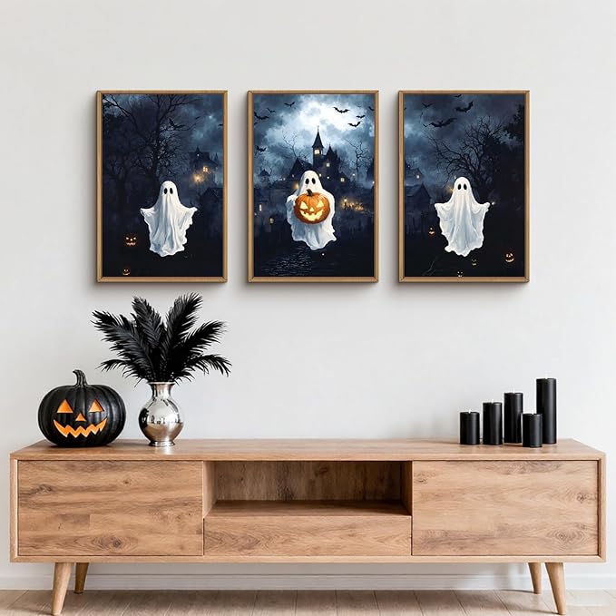 Large Spooky Halloween Framed Canvas Wall Art,Funny Ghost and Pumpkin Wall Decor,Eerie Night Castle Scene Artwork,Dark Bat and Full Moon Art Print for Living Room,Bedroom,Office- 16"x24"x3