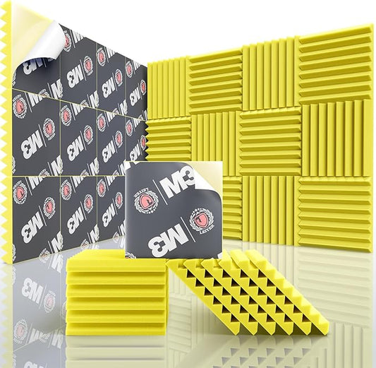 Acoustic Panels Upgrade Self-Adhesive 12pack,1" X 12" X 12" Sound Proof Foam Panels for Walls Quick-Recovery,Sound Panels 35kg/m³High Density,Soundproof Wall Panels for Wall Decor,Yellow