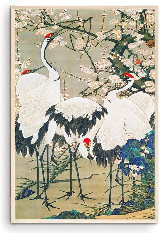 OZCONO Japanese Crane Wall Art Print, Cherry Blossom Birds Artwork, Traditional Asian Home Decor, UV-Resistant Giclée Print (14L x 11W)
