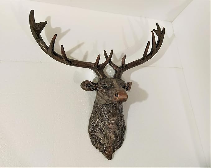 Metal Large Deer Head Wall Mount Statue Copper Antique Finish Sculpture Unique Figurine Stag Head Statue A Excellent Item For Home | Office | Restaurant Decorations