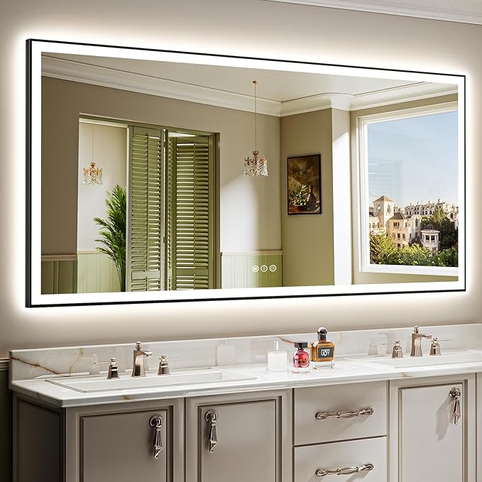 84x40 Inch LED Bathroom Mirror with Lights (Front Lit and Backlit) Black Framed Lighted Vanity Mirror for Bathroom Wall Dimmable Anti-Fog Memory Tempered Glass Horizontal/Vertical