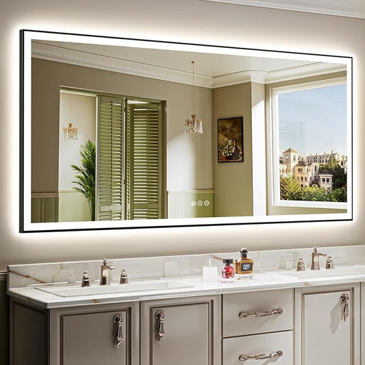 84x40 Inch LED Bathroom Mirror with Lights (Front Lit and Backlit) Black Framed Lighted Vanity Mirror for Bathroom Wall Dimmable Anti-Fog Memory Tempered Glass Horizontal/Vertical