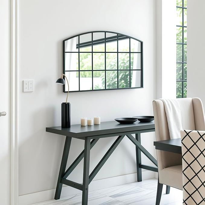 Arch Windowpane Wall Mirror,42x28 Wide Arched Mantel Farmhouse Black Window Pane Mirror for Bathroom,Entryway,Hallway,Living Room,Fireplace