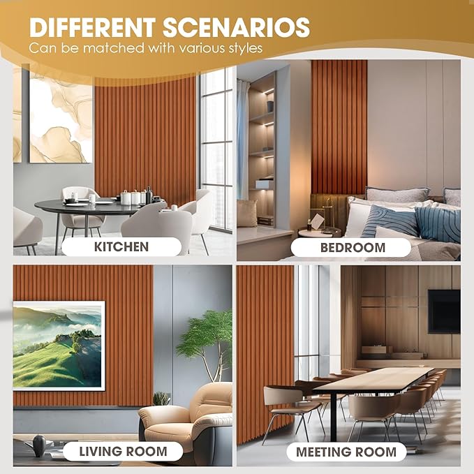 OUZUGIE WPC Acoustic Slat Wall Paneling, 8-Pack 96 x 6 Inches 3D Wall Panels for Interior Wall Decor,Living Room,TV Background,Study Room,Office Spaces,Bedroom,Low Grille (Teak)