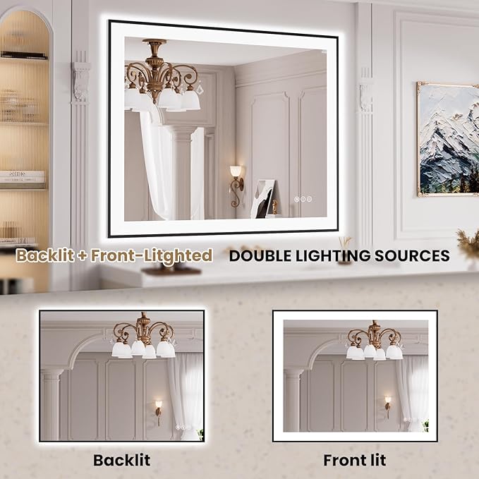 LOAAO 40"X32" LED Bathroom Mirror Black Framed, Anti-Fog, Dimmable, Lighted Bathroom Vanity Mirror for Wall, Memory Function, Tempered Glass