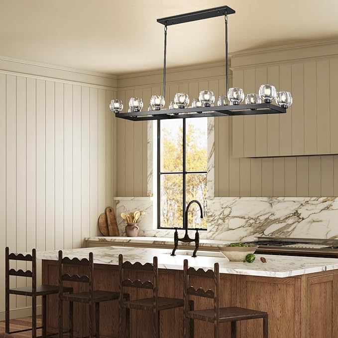 72 Inch Black Rectangle Wagon Wheel Chandeliers, Chandelier for Dining Room Over Table, Modern Crystal Long Chandelier for High Ceiling, Farmhouse Large Linear Chandeliers for Kitchen Island