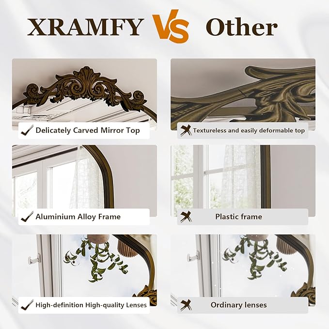 36"x 24" Arched Bathroom Mirror, Wall-Mounted Mirror with Carved Metal Frame & Bottom Art Carved, Vanity Mirror for Home Decor, Hanging Wall Mirror with Baroque Ornate Carved Accents, Vintage Bronze