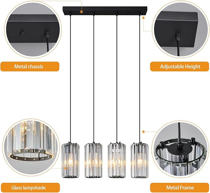 Black Pendant Lighting Modern Pendant Light, Mini Crystal Chandeliers,Adjustable Pendant Light Fixture for Kitchen Island Dinning Room Corridor Bedroom(Gold 4-Light)