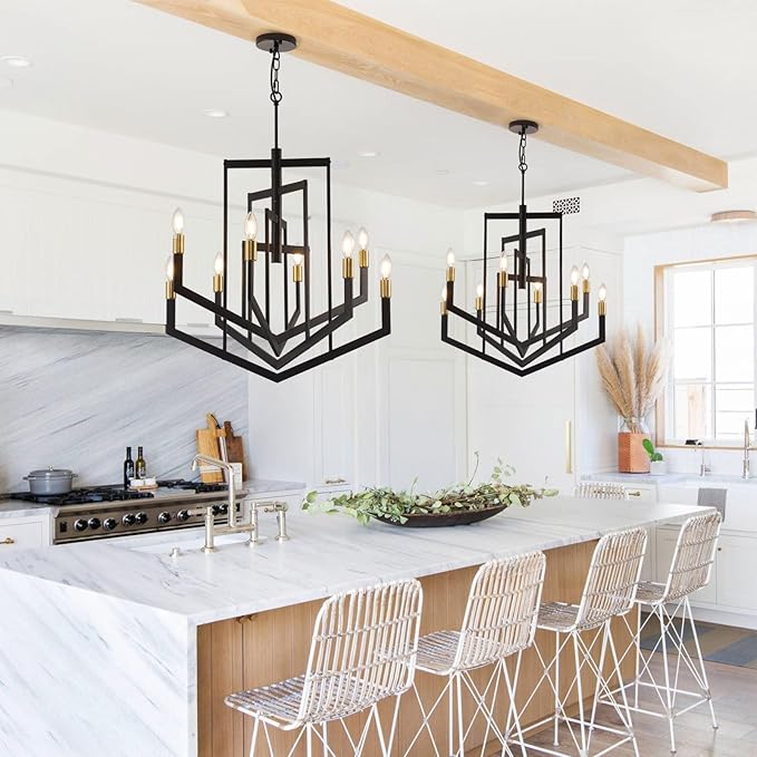 Black and Gold Chandelier,8-Light Modern Geometric Pendant Light Fixtures,Rustic Industrial Foyer Lighting Fixtures, Large Foyer Chandeliers for High Ceilings, Farmhouse Chandelier for Entryway