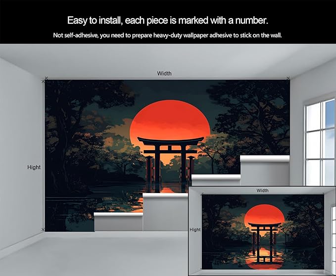 Japanese Style Mural Wallpaper, Japanese Torii Gate Murals, Red Sun Forest Murals Wallpaper for Living Room Bedroom Tv Background Wall Home Decor Mural (Not Peel Stick)