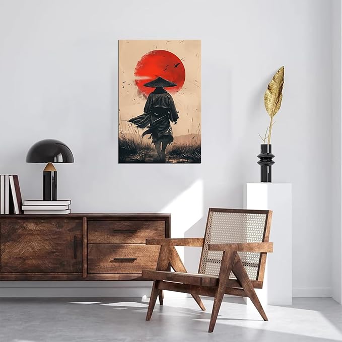 Japanese Wall Art Samurai Painting Canvas Prints Japaneses Martial Pictures Culture Art Posters Artwork Home Decor Framed for Living Room Bedroom Office (24''W x 36''H)